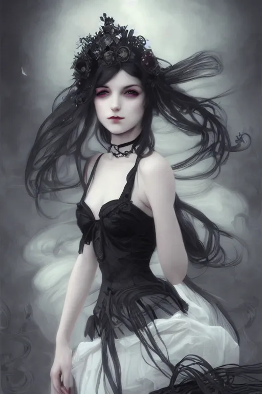 Image similar to portrait of radical lolita girl, dreamy and ethereal and dark, dark eyes, silver hair, smiling expression, ornate goth dress, dark fantasy, chaotic, elegant, black crows flying, highly detailed, digital painting, artstation, concept art, smooth, sharp focus, illustration, art by artgerm and greg rutkowski and alphonse mucha