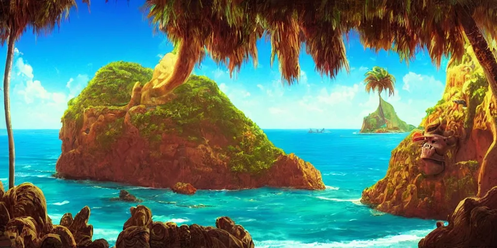 Image similar to ”mysterious caribbean island with a huge carved cliff that resembles a primitive monkey’s head with a mouth as an entrance to a cave inside, [palm trees, beach, wide angle, side view, cinematic, monkey island, art by wlop and paul lehr]”