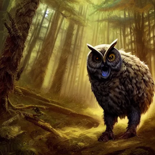 Image similar to three quarter portrait of an owlbear in the forest, d & d, fantasy, greg rutkowski, frank frazetta, alexandre chaudret, boris vallejo, michael whelan, miro petrov, hr giger, magali villeneuve, donato giancola