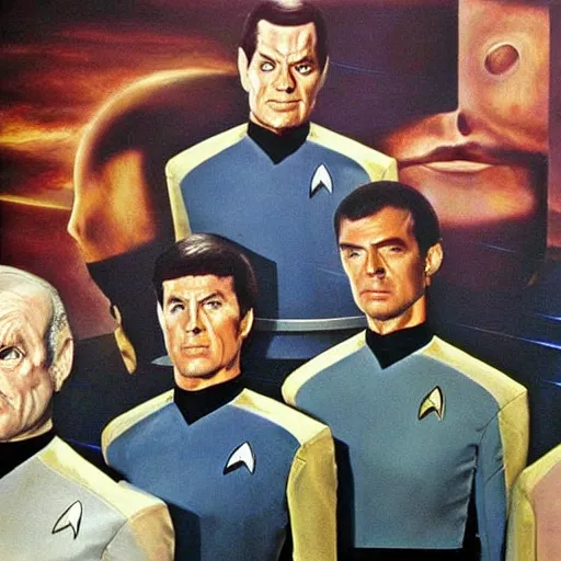 Prompt: the crew from star trek the original series. realistic concept art painting,