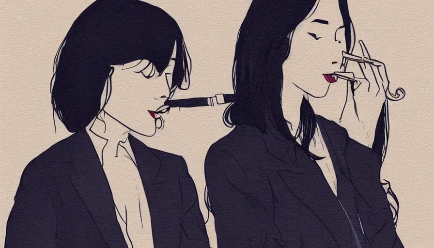 Image similar to a beautiful woman smoking, wearing a suit, street at night, asian, long black hair, illustration, wolp style