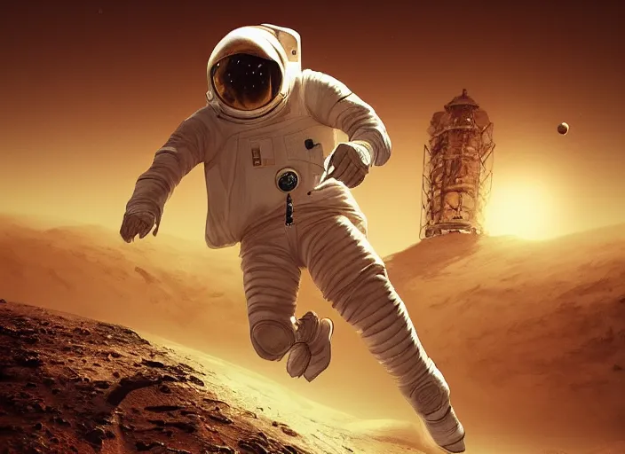 Prompt: ! dream ultra realistic illustration, a soviet astronaut playing soccer on mars, mars landscape, elegant, highly detailed, artstation, concept art, smooth, sharp focus, moody, dramatic lighting