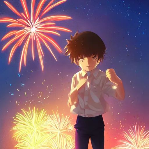 Image similar to portrait of a boy with fireworks in his foot, anime fantasy illustration by tomoyuki yamasaki, kyoto studio, madhouse, ufotable, trending on artstation