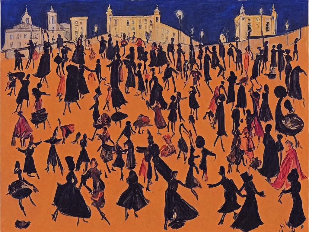 Image similar to woman movement, lisbon city at night, art in the style of paula rego