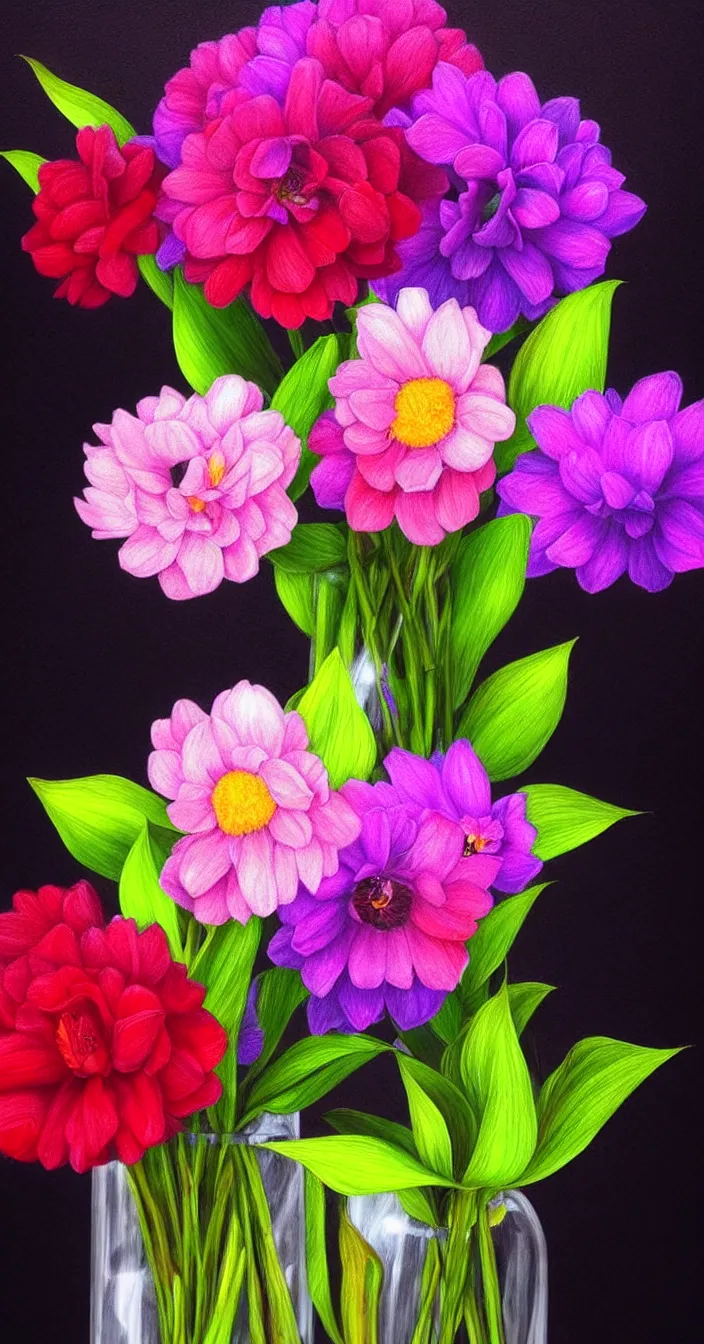 Image similar to realistic photo of three beautiful flowers in vase, sharp focus, smooth dark background, wide angle shot, very hyper realistic, highly detailed, fantasy art station