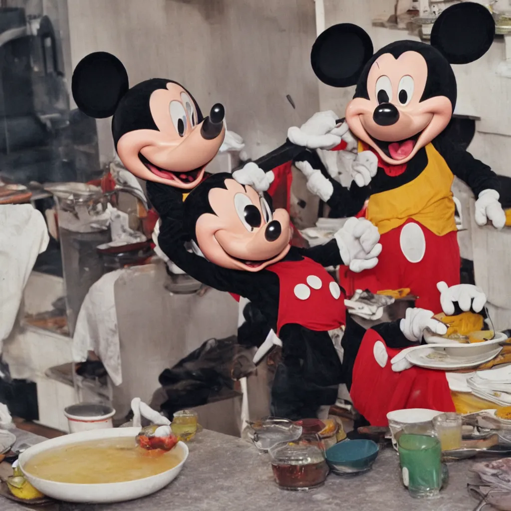 Image similar to an old demented mickey mouse queuing for a bowl of soup