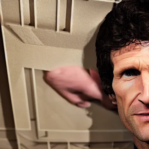 Prompt: A photograph of Todd Howard of Bethesda Game Studios peeking out from under your bed