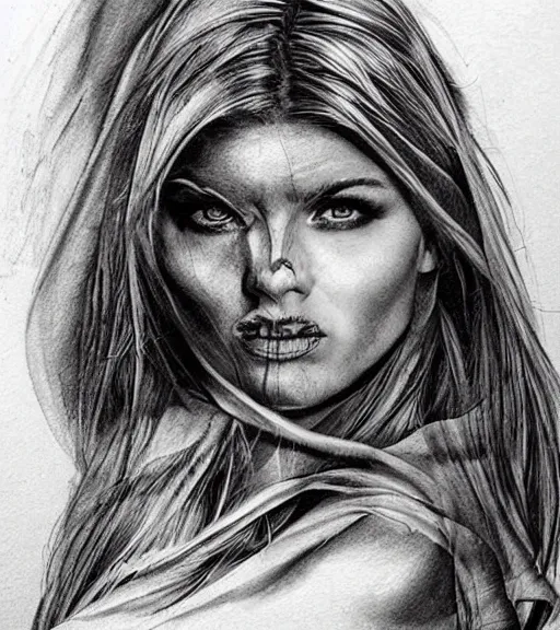 Image similar to amazing blend effect on a beautiful woman face and mighty mountains, tattoo design sketch, hyper - realistic, in the style of matteo pasqualin, amazing detail, black and white