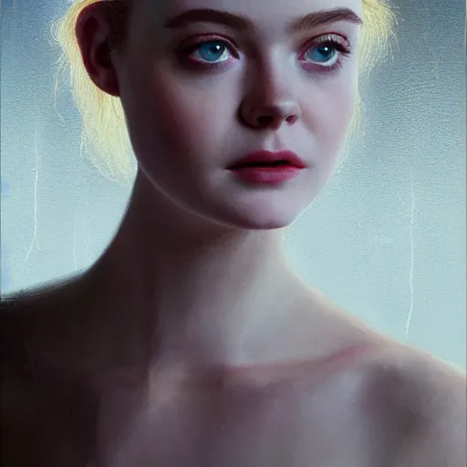 Image similar to Elle Fanning in the style of Paola Vetri, head and shoulders portrait, stormy weather, extremely detailed masterpiece, oil on canvas, low-key neon lighting, artstation, Blade Runner 2049, Roger Deakin’s cinematography, by J. C. Leyendecker and Peter Paul Rubens and Edward Hopper and Michael Sowa,