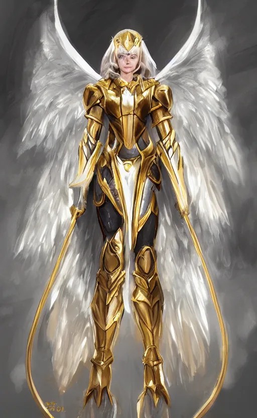 Image similar to Concept art, angel knight girl in golden and silver armor adorned with sapphire gems, artstation trending, cinematic, highly detailded