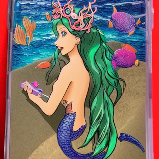 Prompt: a mermaid using a ninendo switch,