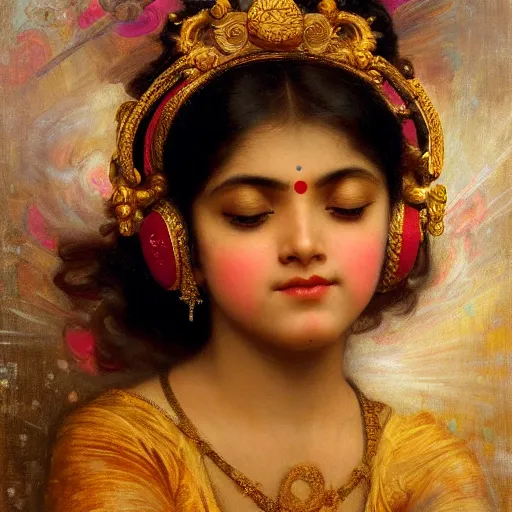 Image similar to detailed portrait of hindu traditional girl with high - tech vr headset in baroque painting, girl graceful, eyes closed, painting by gaston bussiere, craig mullins, j. c. leyendecker, lights, art by ernst haeckel, john william godward, hammershøi,,