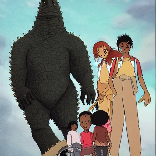 Image similar to Dark skinned girl and Godzilla, Studio Ghibli concept art