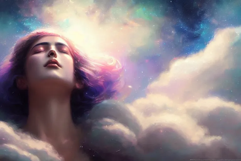 Prompt: a beautiful portrait of a female goddess surrounded by fluffy clouds with closed eyes, galaxy theme colors, galaxy theme colors, ultra realistic digital art by Greg Rutkowski and Raymond Swanland, Trending on Artstation, ultra realistic digital art, ultra realistic digital art