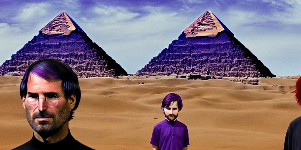 Image similar to landscape, steve jobs and a boy with purple hair in front of the pyramids, hyperrealism, intricate, 8 k, high detail