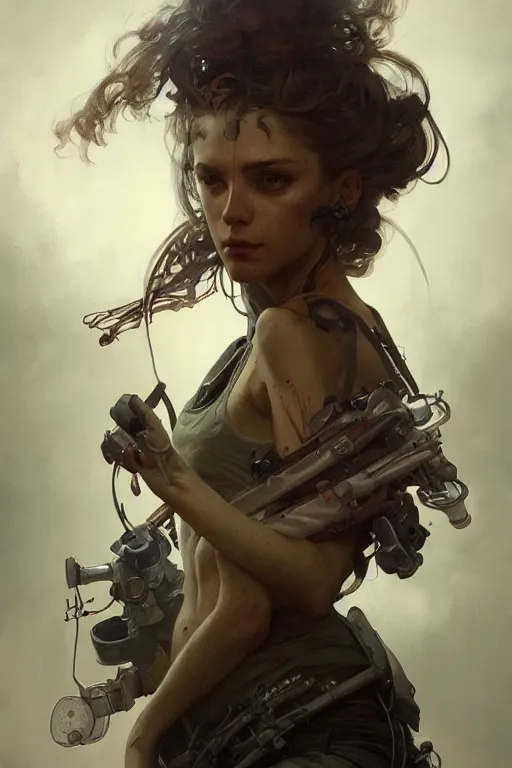 Prompt: A full portrait of a beautiful post apocalyptic mechanic, intricate, elegant, highly detailed, digital painting, artstation, concept art, smooth, sharp focus, illustration, art by Krenz Cushart and Artem Demura and alphonse mucha