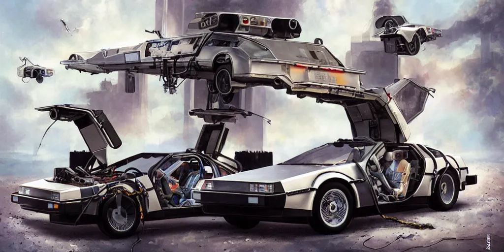 Image similar to robotic back to the future DeLorean with little robots attached to it flying around it big wheels matte painting artgerm