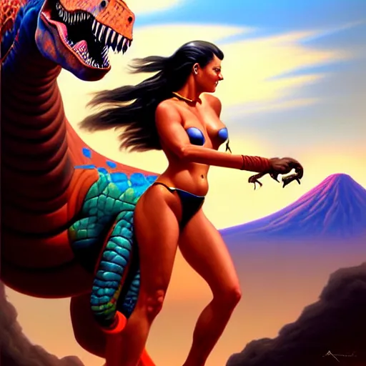 Image similar to portrait of an amazon girl riding a dinosaur, painted by stanley artgerm, volcanic landscape in the background by boris vallejo, fantasy art, sleek curves, sharp focus, trending on artstation hq, deviantart