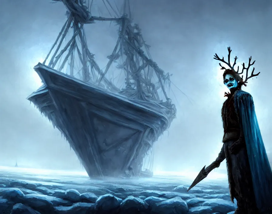 Prompt: frozen zombie man with a crown, eyes are glowing, broken sailing ship boat in the background, is at dawn and bluish, fantasy, intricate, elegant, highly detailed, digital painting, artstation, concept art, matte, sharp focus, illustration, art by aenaluck and roberto ferri and greg rutkowski, epic fantasy, digital painting