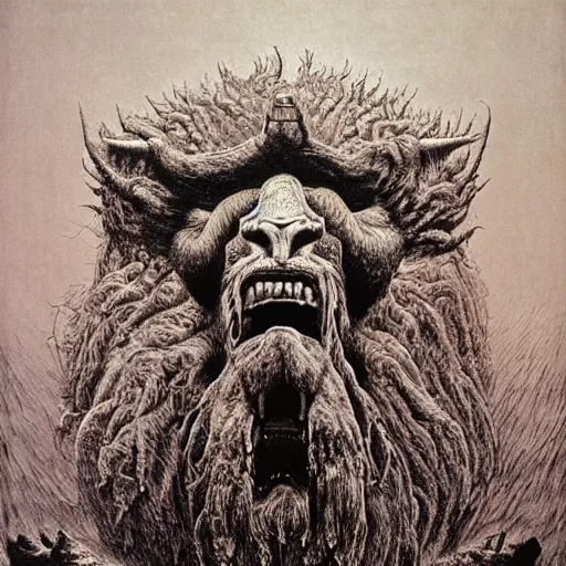 Image similar to monster with with four faces : man, lion, eagle, bull. drawn by zdzislaw beksinski