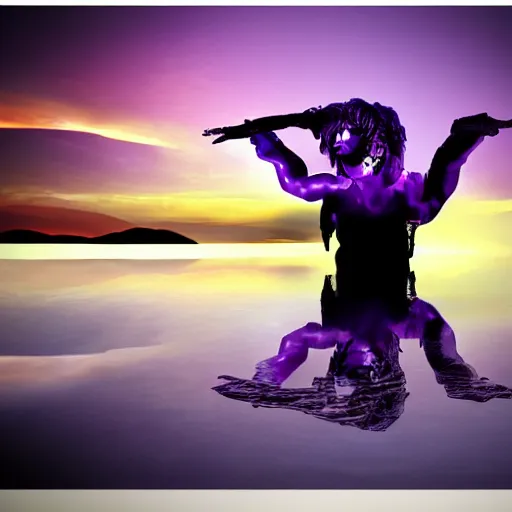 Image similar to purple sunset limbo with a polished sphare of a demonic walking on water, the sky falls to the ground, high detail