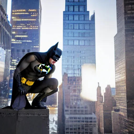 Prompt: Batman welding on top of a skyscraper in New York