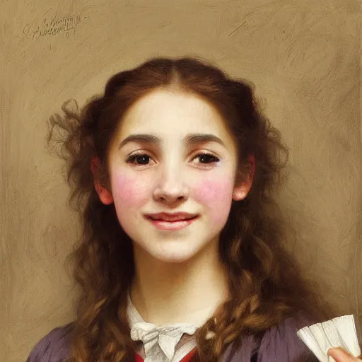 Image similar to painting of claudia vega from eva 2 0 1 1 as hermione granger. smiling. happy. cheerful. art by william adolphe bouguereau. extremely detailed. beautiful. 8 k. award winning.