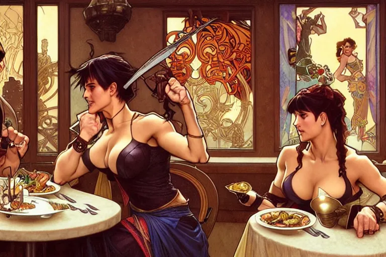 Image similar to xena warrior princess eating at a restaurant, with a hispanic man in a suit as her companion, art by artgerm and greg rutkowski and alphonse mucha