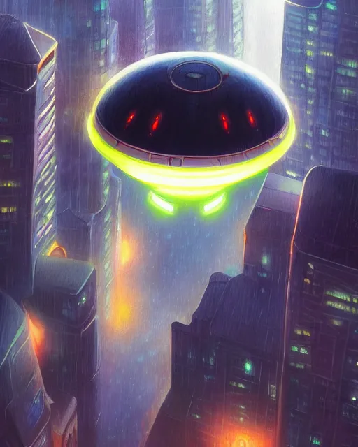 Prompt: concept art of a lareg alien futurstic ufo flying over a city, lights, rain | | cute - fine - fine details by stanley artgerm lau, wlop, rossdraws, and sakimichan, trending on artstation, brush strokes