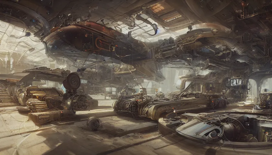 Prompt: the inside of a futuristic mechanic spaceshop, highly detailed interior, holographic screen in center frame by peter mohrbacher and craig mullins, dieselpunk, firefly, cryengine render, hyper realism, realistic shading, cinematic composition, realistic render, octane render, detailed textures, photorealistic, wide shot, fanciful, colorful