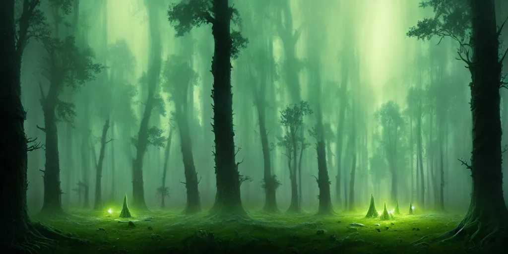 Image similar to strange alien forest, glowing fungus, misty, green glowing horizon, fireflies, ultra high definition, ultra detailed, symmetry, sci - fi, dark fantasy, by greg rutkowski and ross tran
