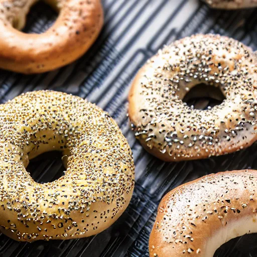 Image similar to an extreme close up of a new york city bagel with cream cheese, mouth watering, 80mm macro lens