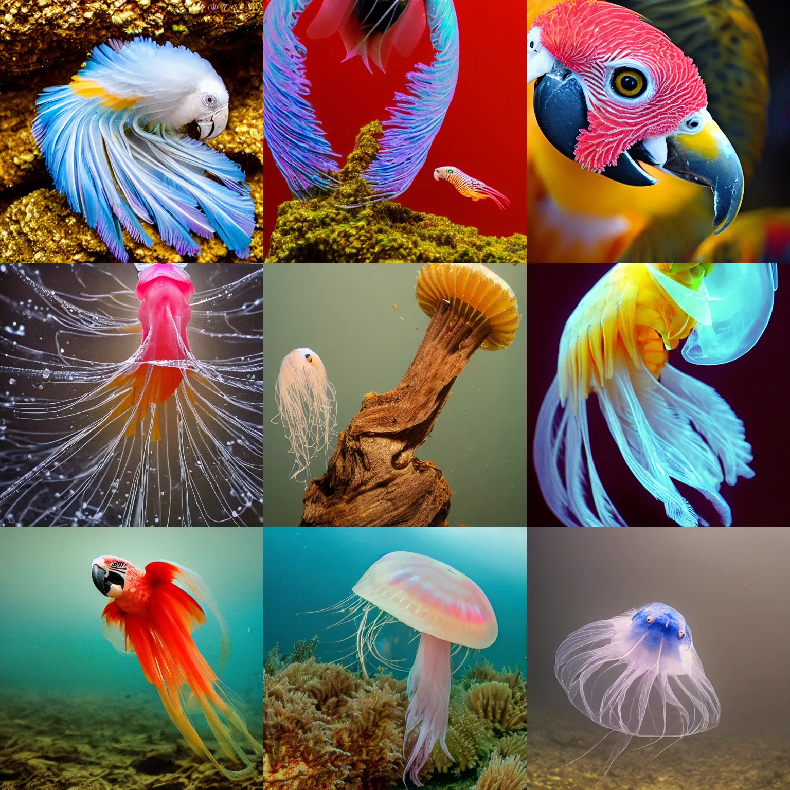 Prompt: a parrot-jellyfish, wildlife photography