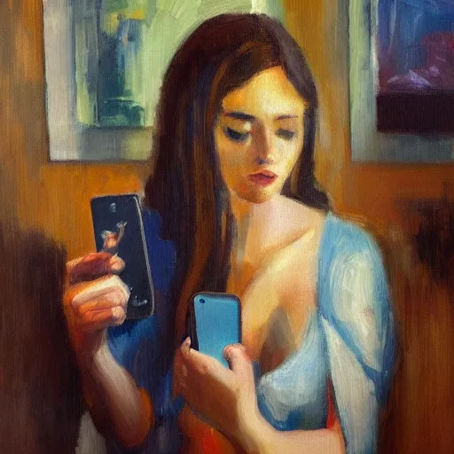 Image similar to a modern impressionist painting of a woman with a smartphone, oil on canvas, trending on artstation