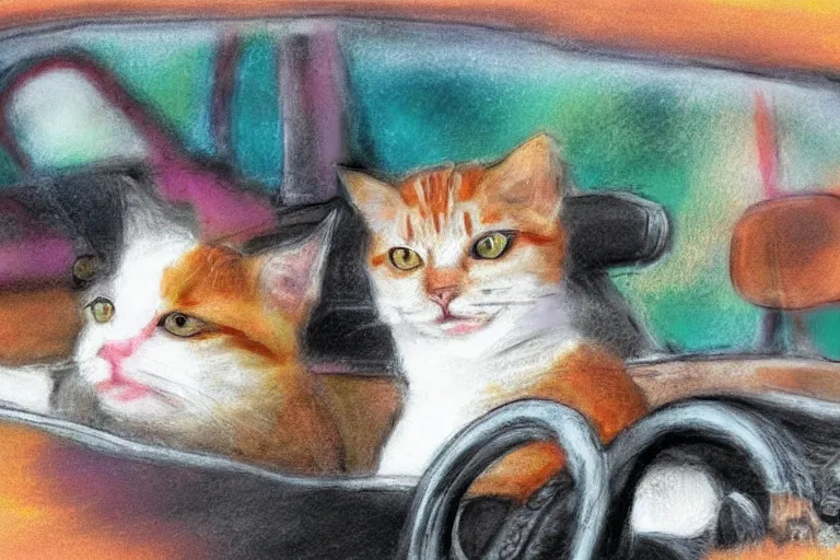 Prompt: A cat driving a cat, digital art, pastel colors,