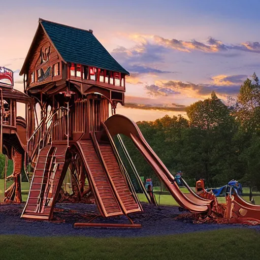 Image similar to enormous, never-ending wooden structure with slides, swings, and many-storied equipment at dusk by Thomas Kincade