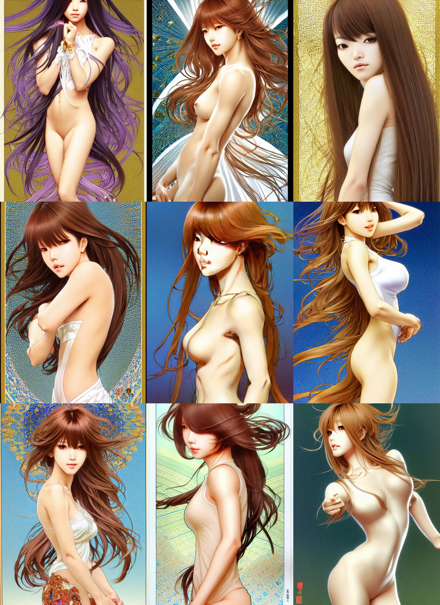 Prompt: full length complex 3 d hyper realistic smooth ultra sharp render of a gorgeous flawless caramel skin female, short white!! hair!! long bangs!!! | art by oh jinwook + 吵 集 仁 儿 on artstaion + takeshi obata + alphonse mucha + jim lee