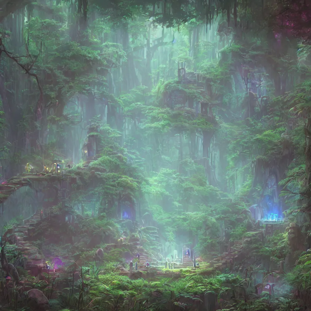 Prompt: hidden temple in the forest, crystals, tilt - shift focus, entrance to ethereal realm, glow, magic circle, magic doorway, mist, bioluminescence, concept art, james gilleard, studio ghibli