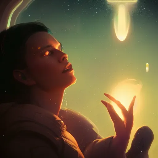 Image similar to a beautiful, powerful woman sitting in space, reaching her hand out toward the camera, emanating magic from her palms, extreme!!!!! closeup image, cgsociety contest winner, illustrated by mike beeple winklemann, greg rutkowski, and gaston bussiere, space art, portrait art, artstation, 4 k, 8 k