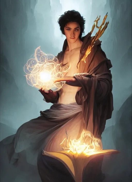 Prompt: character concept portrait of an attractive young Spanish wizard with white skin conjuring a fire spell, a floating iridescent spell book in the center, intricate, elegant, digital painting, concept art, smooth, sharp focus, illustration, from Metal Gear, by Ruan Jia and Mandy Jurgens and William-Adolphe Bouguereau, Artgerm