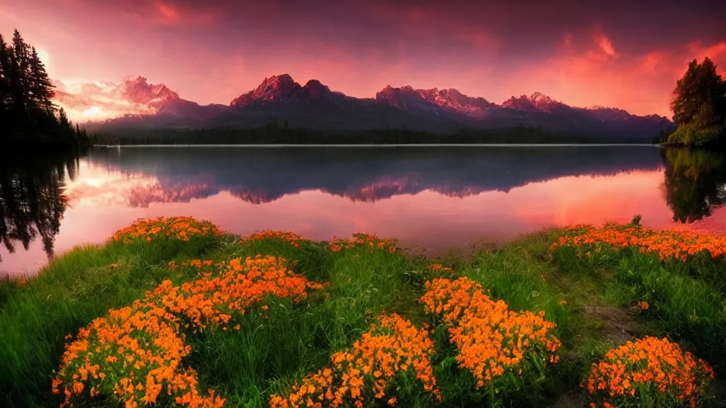 Prompt: amazing landscape photo of a flower bed with lake in sunset by marc adamus, beautiful dramatic lighting