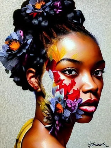 Image similar to portrait of an black woman with a floral background : : painted by artgerm, karol bak, artur bordalo, sandra chevrier : : portrait, character, illustration, hyperrealism, photorealism