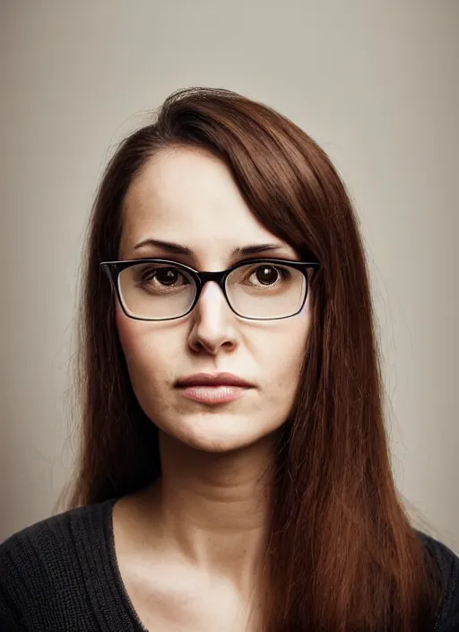 Prompt: portrait of a 2 5 year old woman, symmetrical face, dark wavey hair, 6 0 s glasses, she has the beautiful calm face of her mother, slightly smiling, ambient light