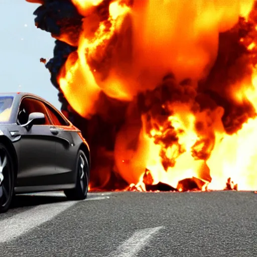 Prompt: Richard hammond driving away from huge explosion