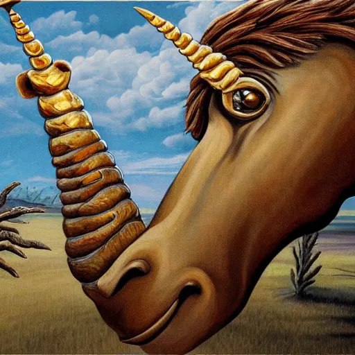 Image similar to painting of one of the worst fossil reconstructions in human history a really long unicorn horn realism painting