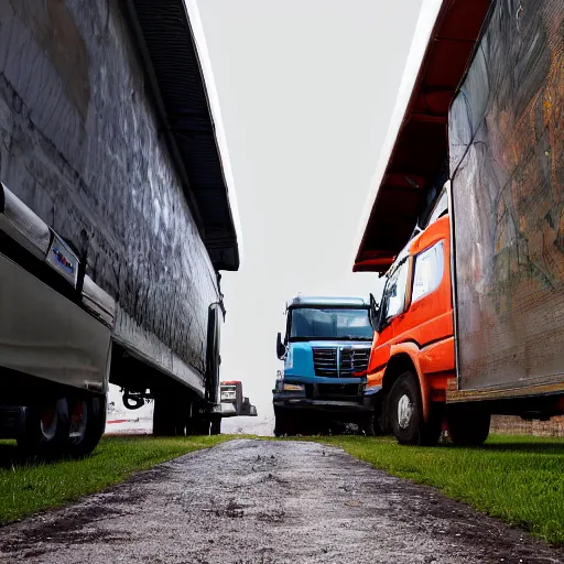 Prompt: two trucks having a makeout session in a back alley