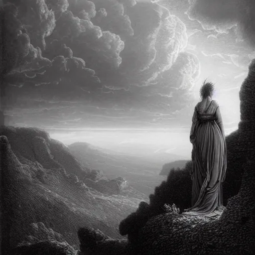 Image similar to A female wanderer looks from a mountaintop, mountains, gorgeous view, velly distant forest, distant city, distant glow, night, moon, dramatic light, Chiaroscuro, long shadows, dark, thunderclouds, masterpiece, high detail, detailed, illustration by Paul Gustave Doré