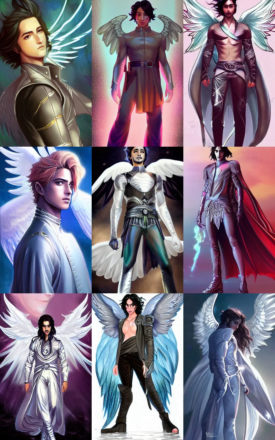 Prompt: Avan Jogia as a angel prince. Glowing aura, silver wings, leather boots. Character design by charlie bowater, ross tran, artgerm, and makoto shinkai, detailed, inked, western comic book art, 2021 award winning painting