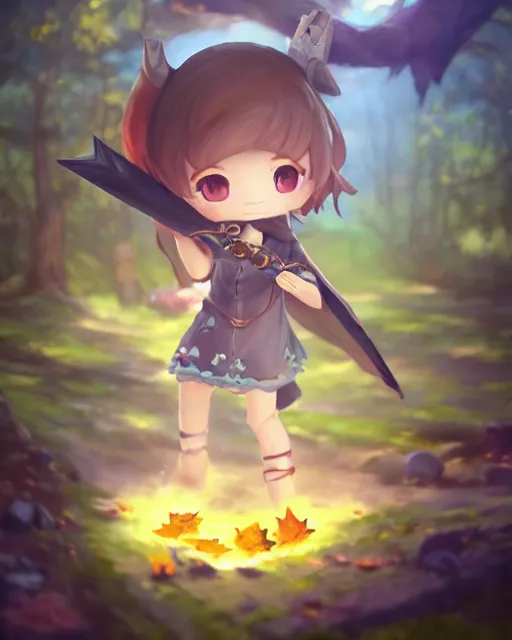 Prompt: oil painting of a cute chibi MapleStory female, casting a spell with a teaspoon, wearing a MapleStory archer outfit, sharp focus, fantasy style, octane render, volumetric lighting, 8k high definition, by greg rutkowski, highly detailed, trending on artstation, magic the gathering artwork, Perion background from MapleStory, centered