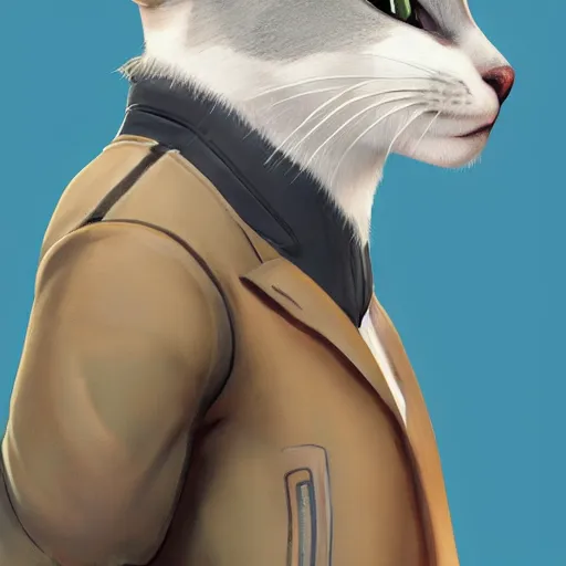 Prompt: Portrait painting an anthropomorphic gray cat smiling wearing a jacket and a collar, as an Overwatch character, medium shot, asymmetrical, profile picture, Organic Painting, sunny day, Matte Painting, bold shapes, hard edges, street art, trending on artstation, by Huang Guangjian and Gil Elvgren and Sachin Teng